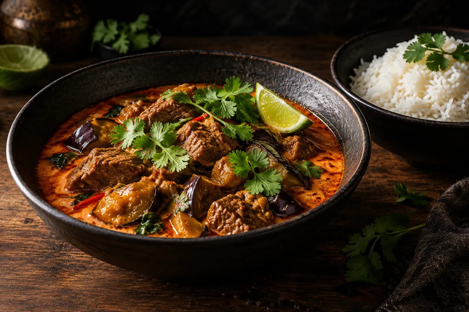 Rotes Curry mit Lammwürfeln und geschmolzenen Auberginen in einer Schale