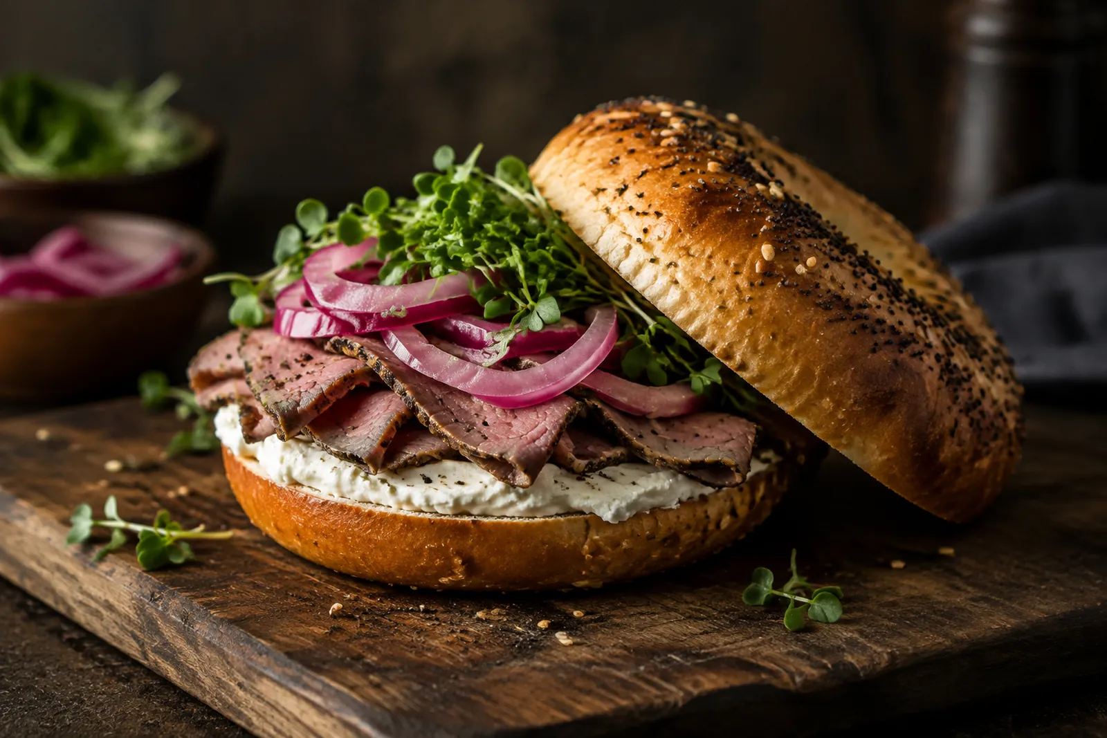 Bagel mit Frischkäse, rosa Roastbeef und Kresse auf einem Holzbrett