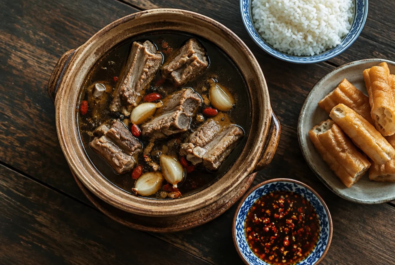 Tontopf Bak Kut Teh mit Schweinerippchen in dunkler Kräuterbrühe, ganzen Knoblauchzehen und Gojibeeren