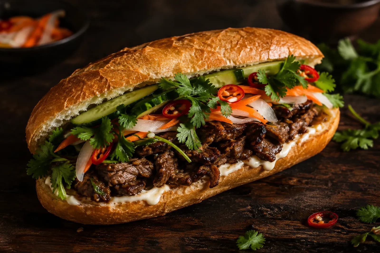Banh Mi Sandwich mit Rindfleischstreifen, eingelegtem Gemüse und Koriander