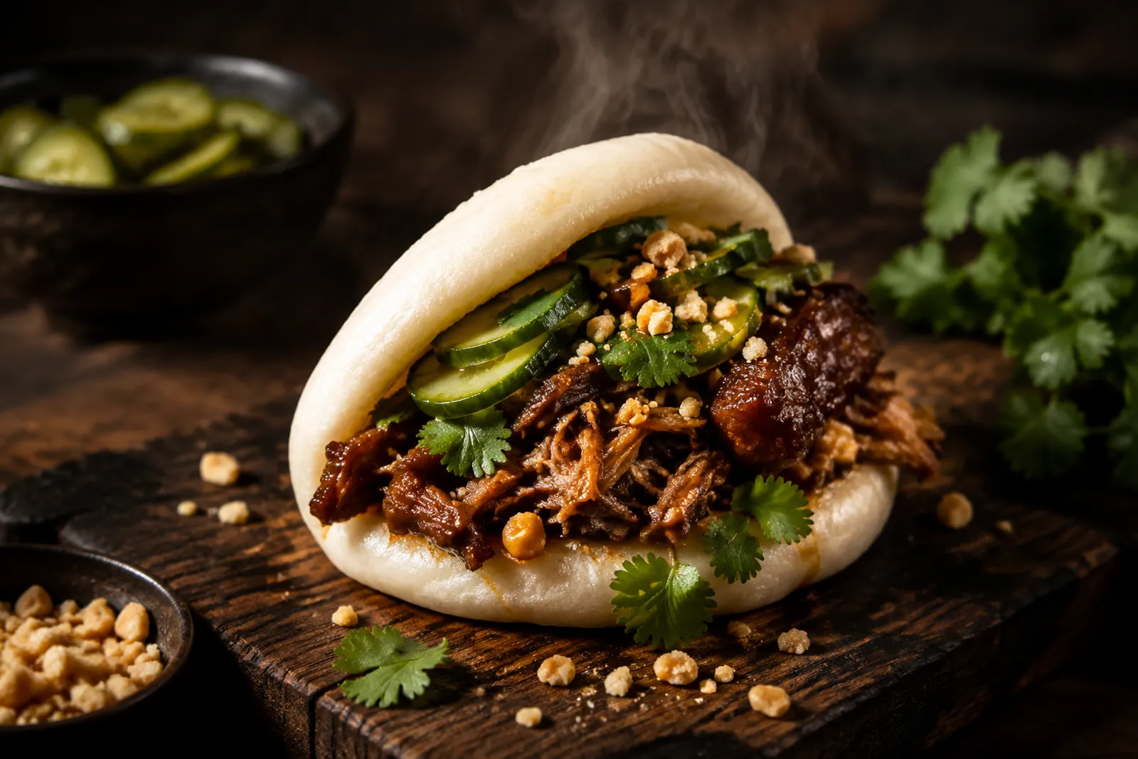 Bao Buns mit geschmorter Bier-Honig-Haxe
