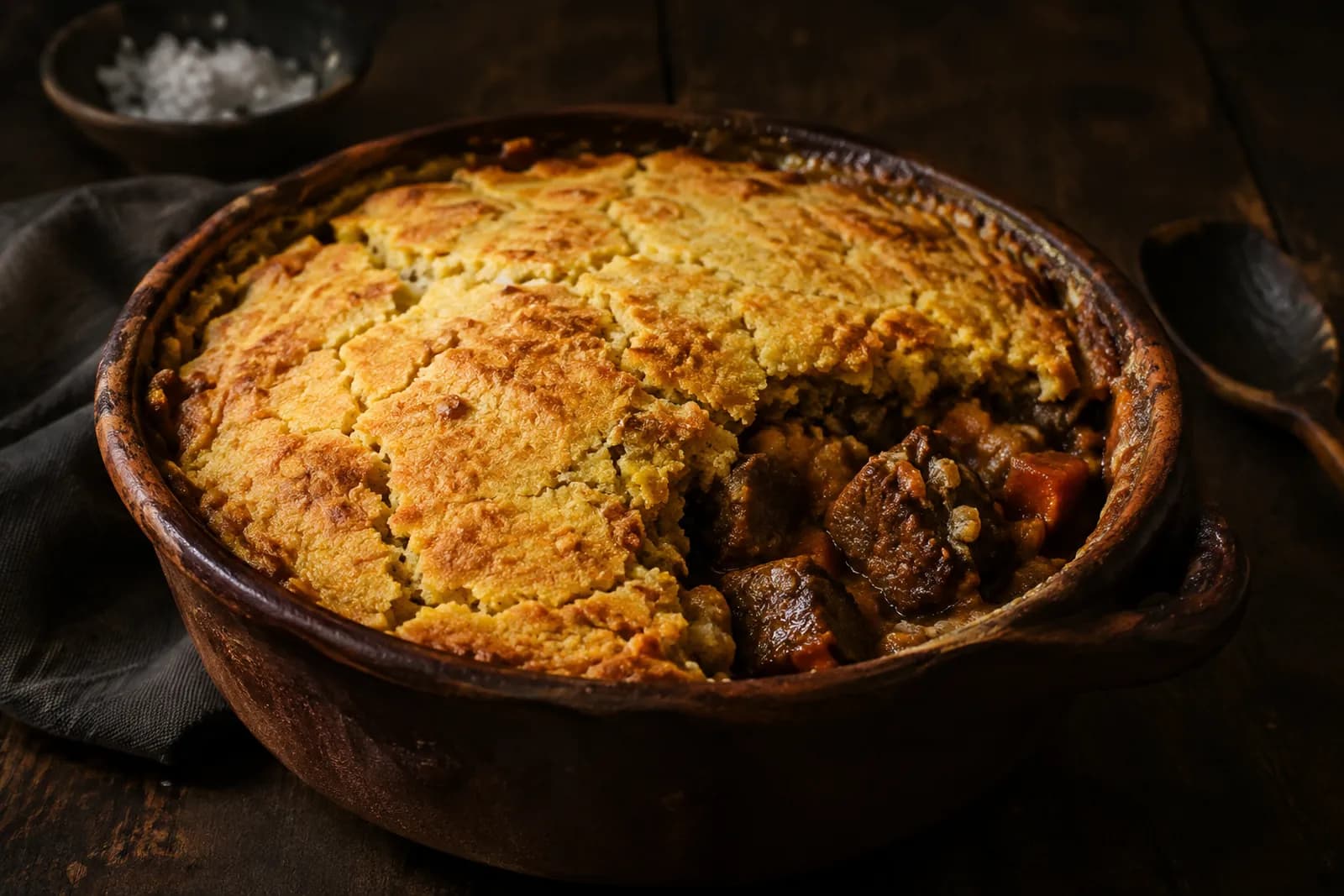 Beef Stew in einer Form mit goldbraun gebackener Polenta-Kruste