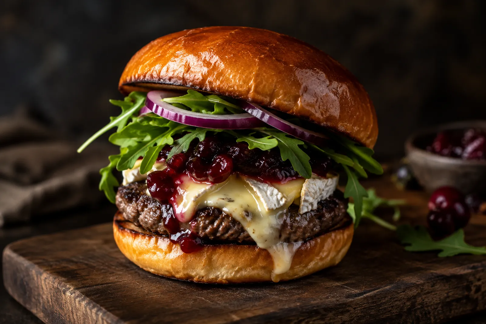 Beefburger mit geschmolzenem Brie und Preiselbeersauce im Brioche-Bun