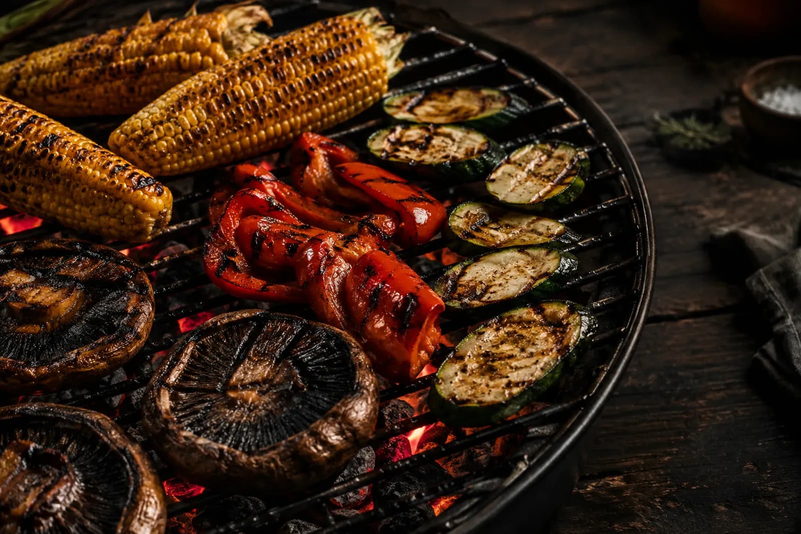 Gegrillte Maiskolben, Zucchetti-Scheiben und Pepperoni auf einem Grillrost neben Fleisch