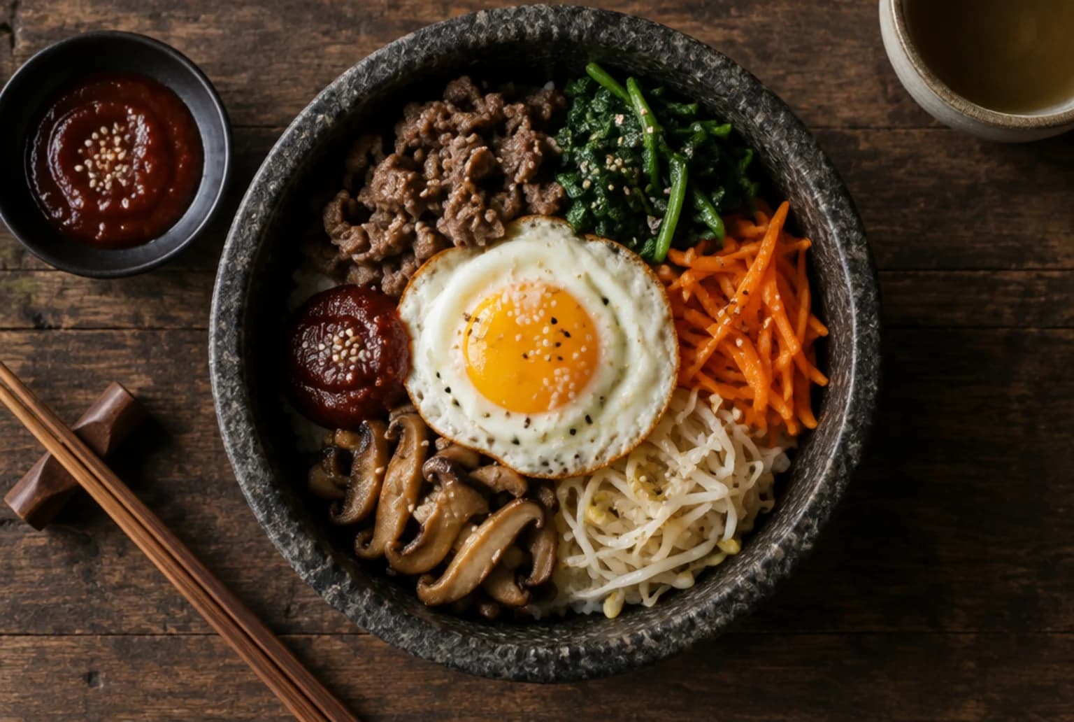 Bibimbap-Schale mit Rindfleisch, fünf Gemüsesorten, Spiegelei und Gochujang-Sauce