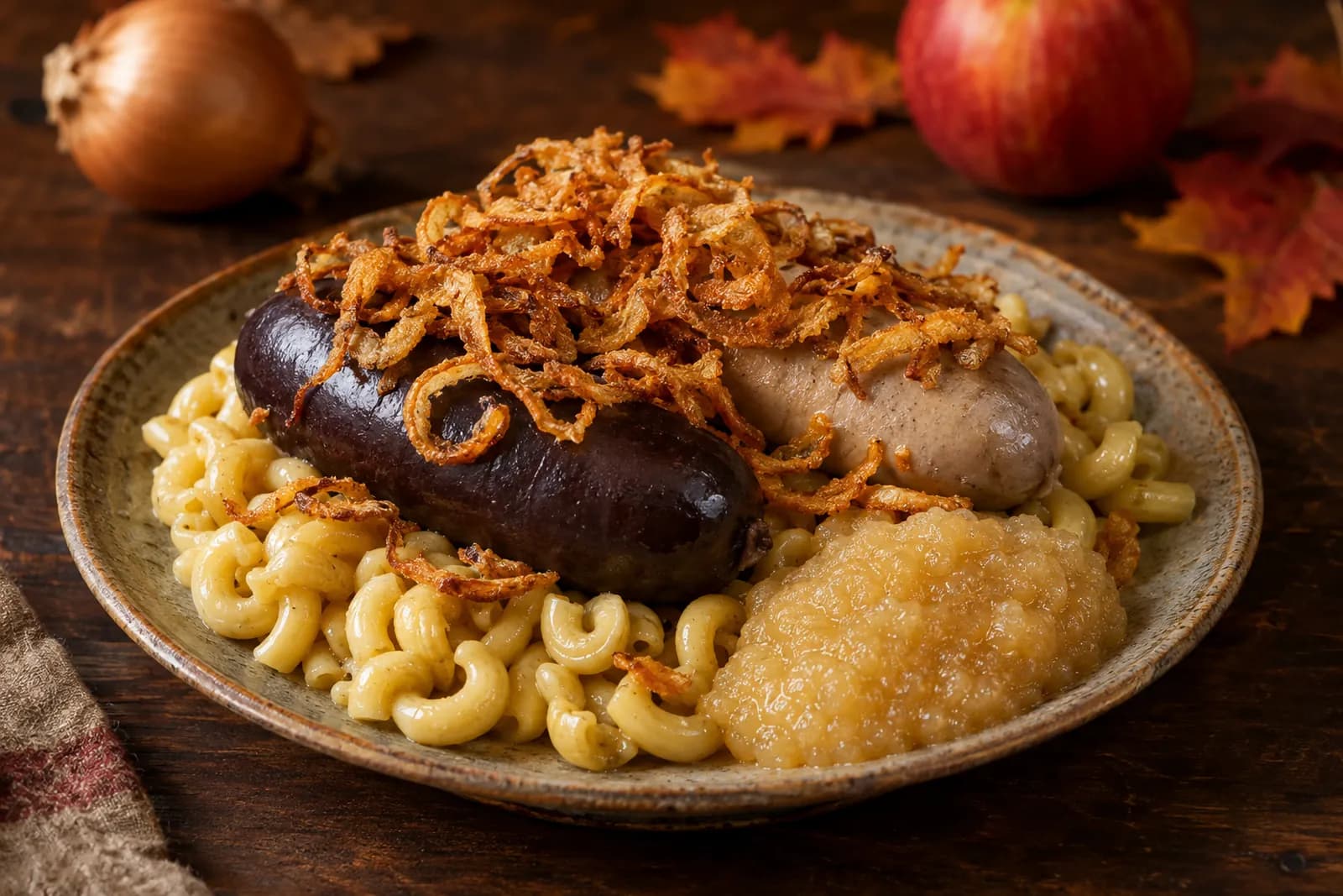 Gesottene Blut- und Leberwurst auf Butterhörnli mit Röstzwiebeln, daneben ein Schälchen Apfelmus