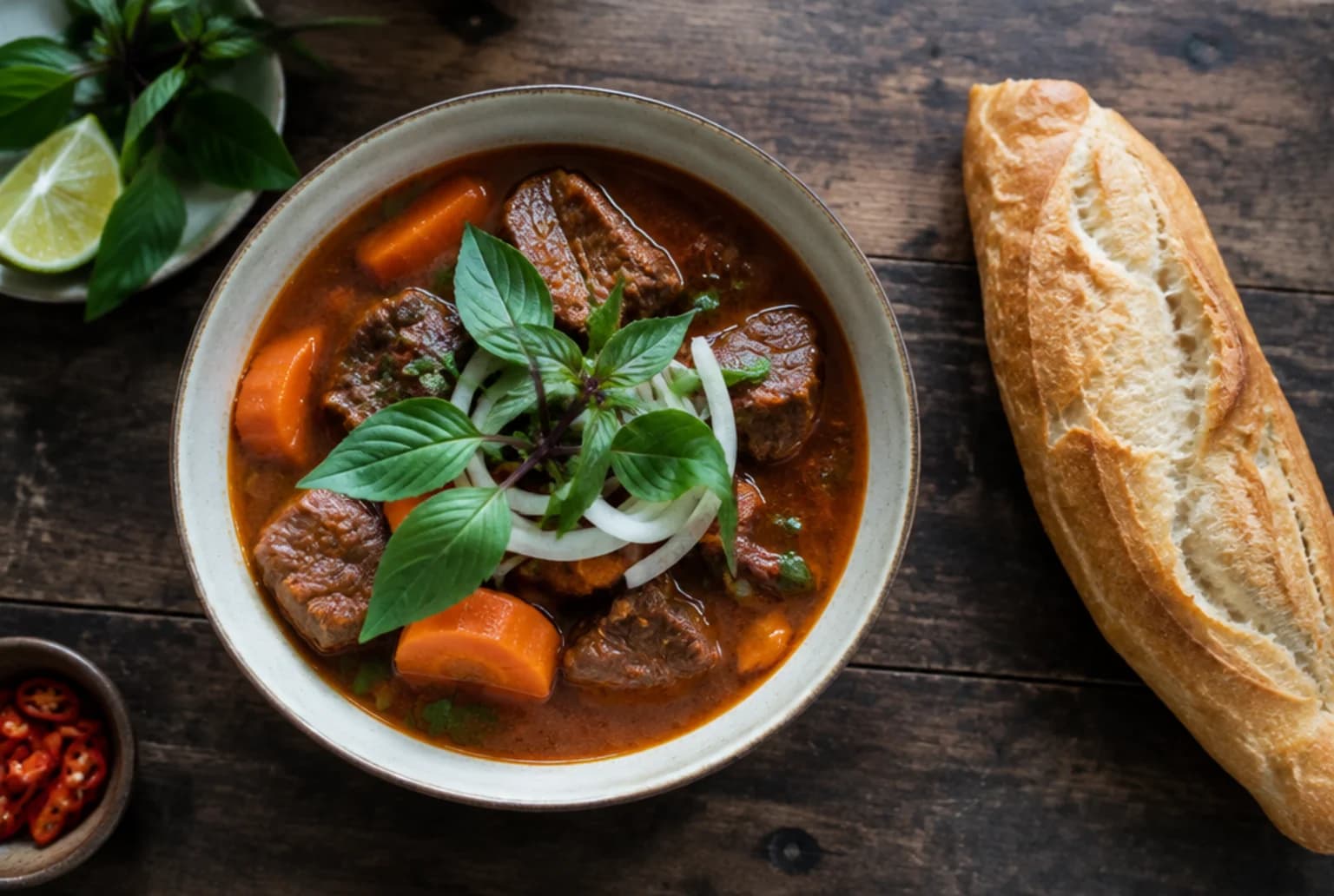 Schüssel Bo Kho mit geschmorten Rindfleischwürfeln, Rüebli und Thaibasilikum, Baguette daneben