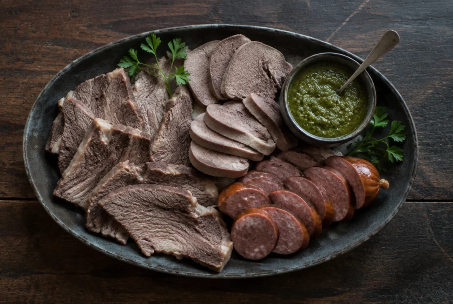 Bollito Misto: aufgeschnittener Tafelspitz, Zunge und Cotechino auf der Platte mit Salsa verde