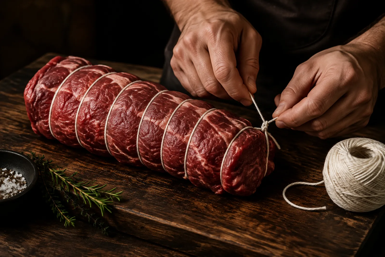 Roher Rollbraten wird mit weissem Küchengarn in regelmässigen Schleifen gebunden