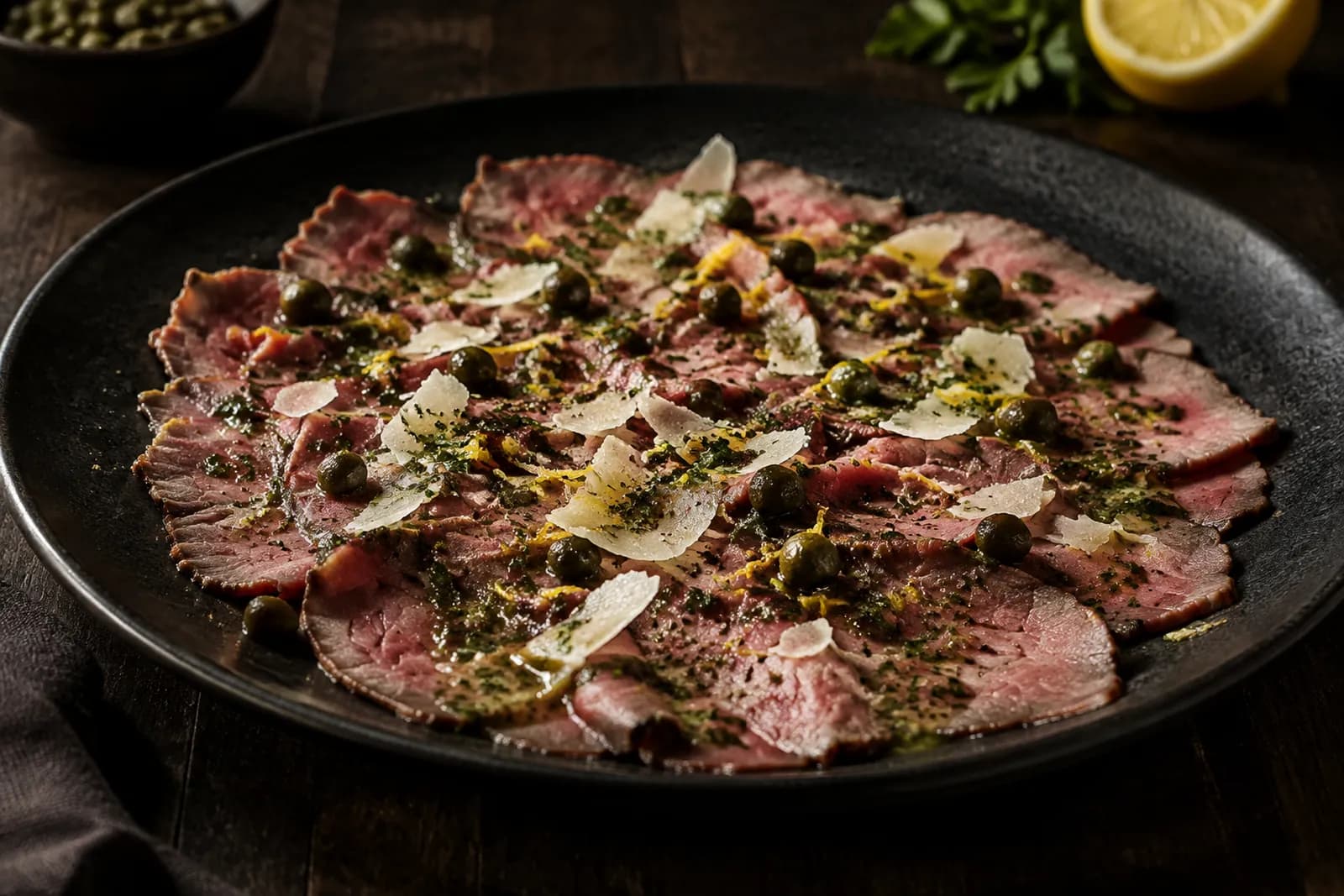 Braten-Carpaccio mit Kapern-Kräuter-Vinaigrette