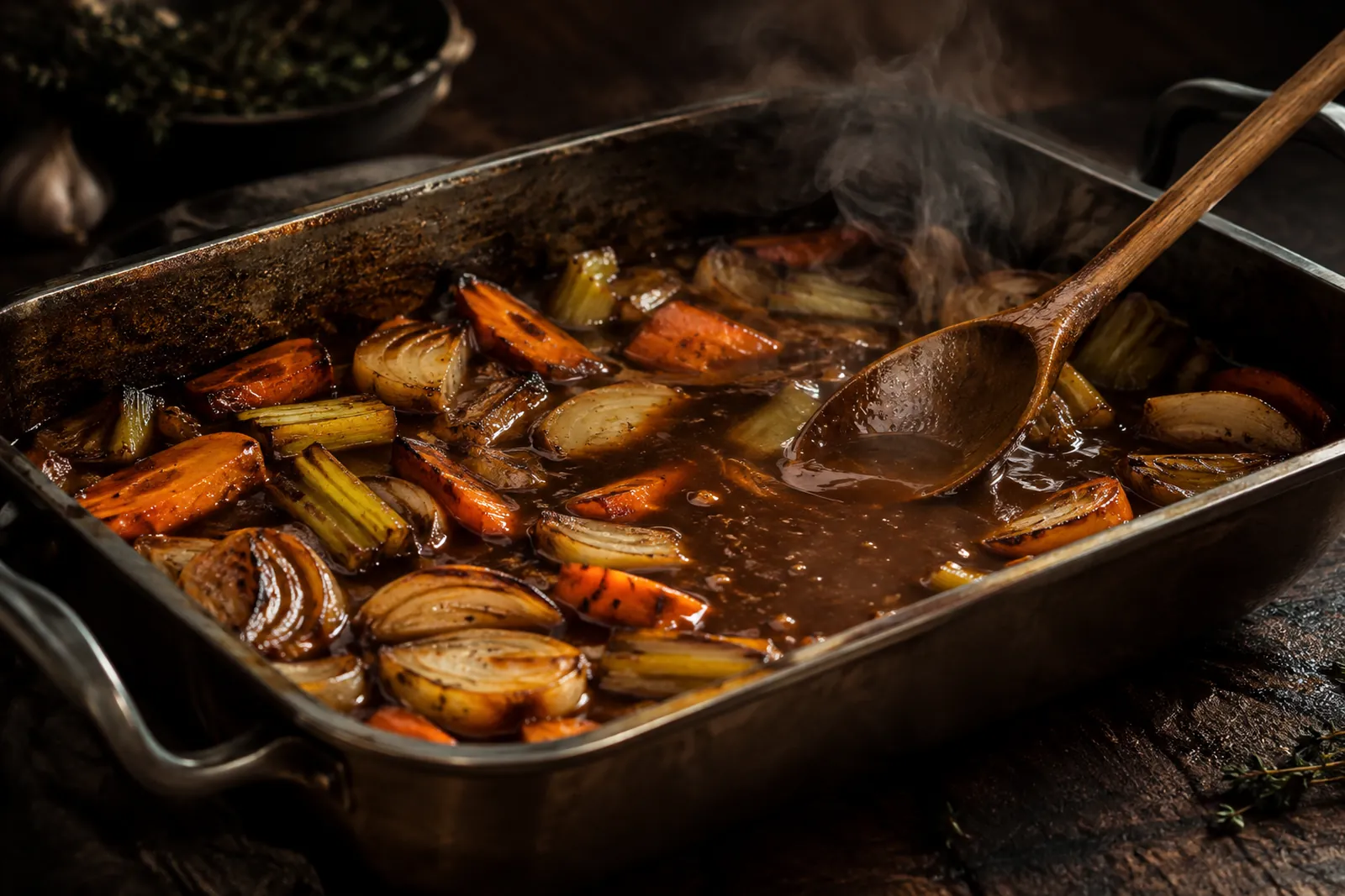 Bratensauce wird in einer beschichteten Pfanne mit Holzlöffel vom Fond gelöst