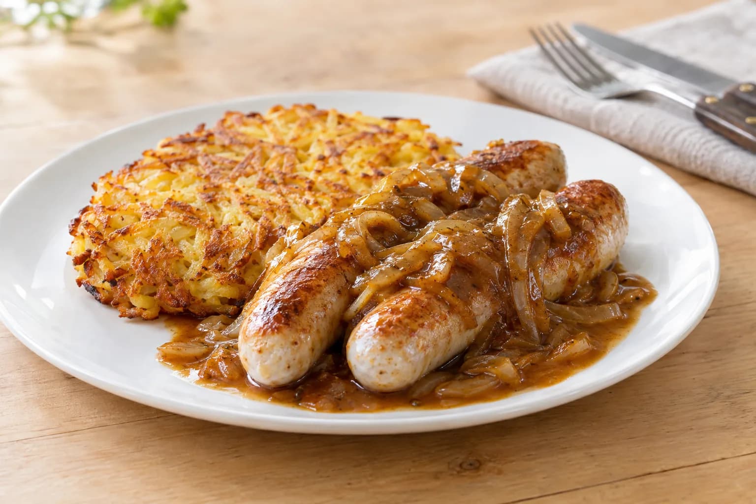 St. Galler Kalbsbratwurst mit Zwiebelsauce und goldbrauner Rösti