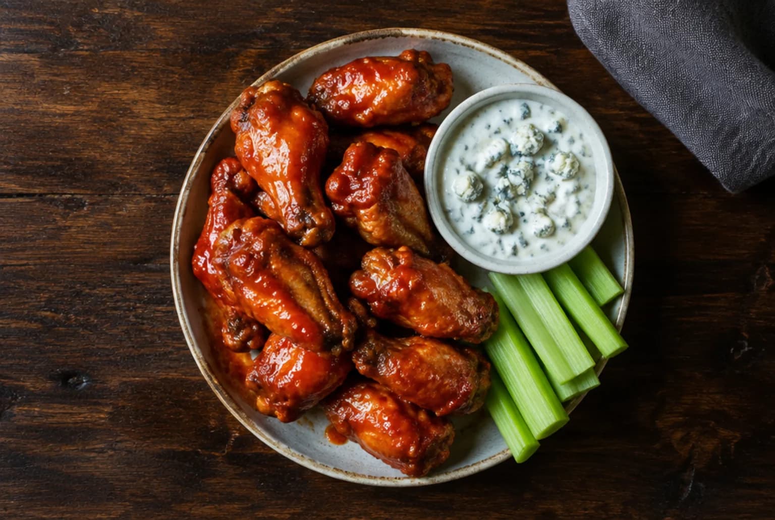 Buffalo Wings mit scharfer Sauce und Bluecheese-Dip