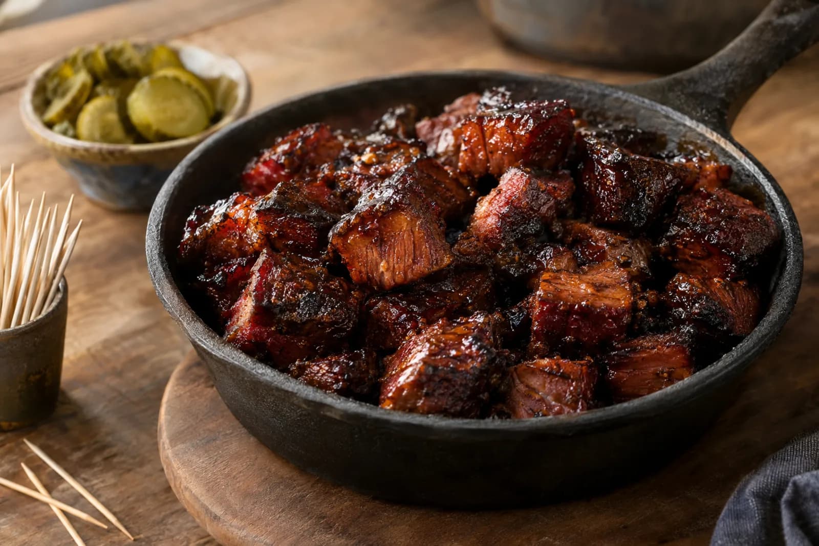 Glänzende Burnt Ends aus Rind in einer flachen Servierschale