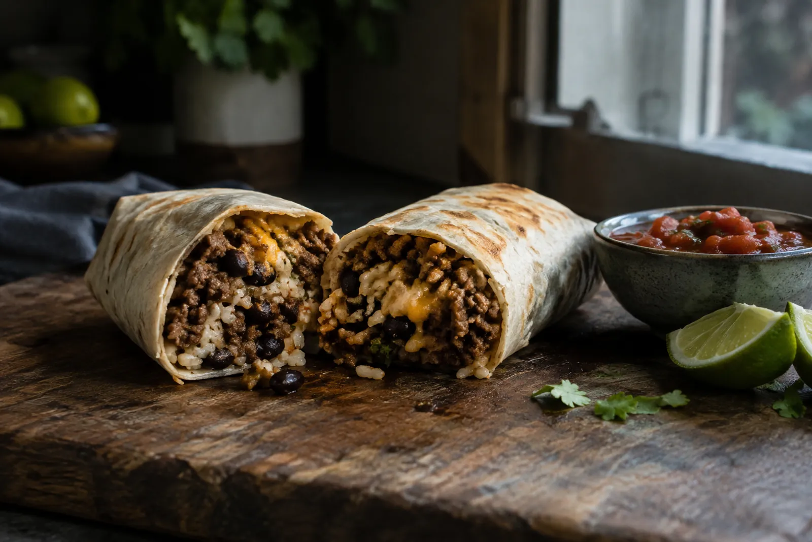 Halbierter Burrito mit Rindshackfleisch, Reis, schwarzen Bohnen und Käse, daneben Salsa und Limette