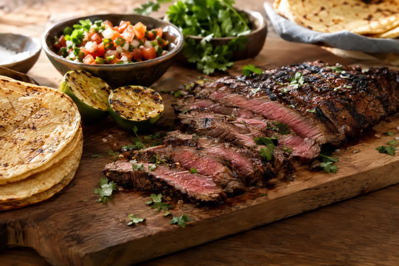 Dünn geschnittene Carne Asada mit Limette und roten Zwiebeln