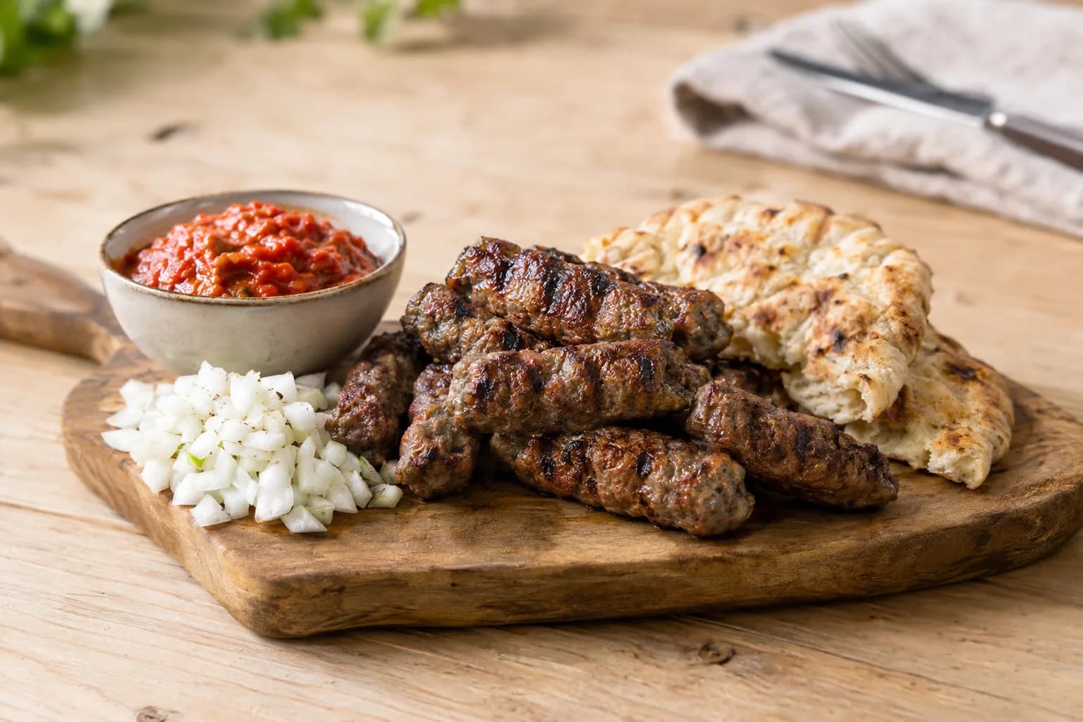 Gegrillte Cevapcici aus Rindshackfleisch mit Ajvar und Zwiebeln