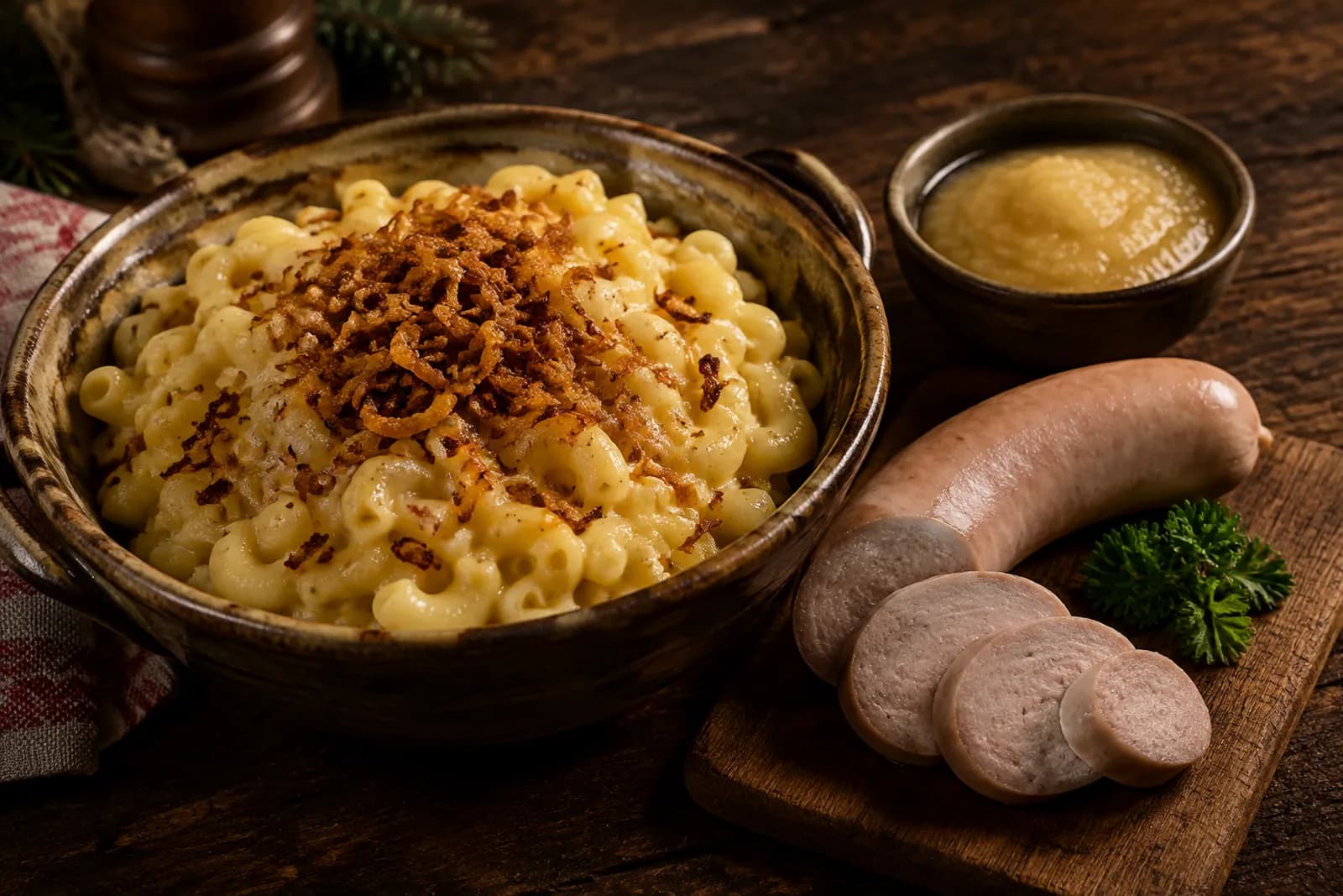 Cremige Chäshörnli mit Röstzwiebeln und einer aufgeschnittenen Siedwurst, dazu Apfelmus
