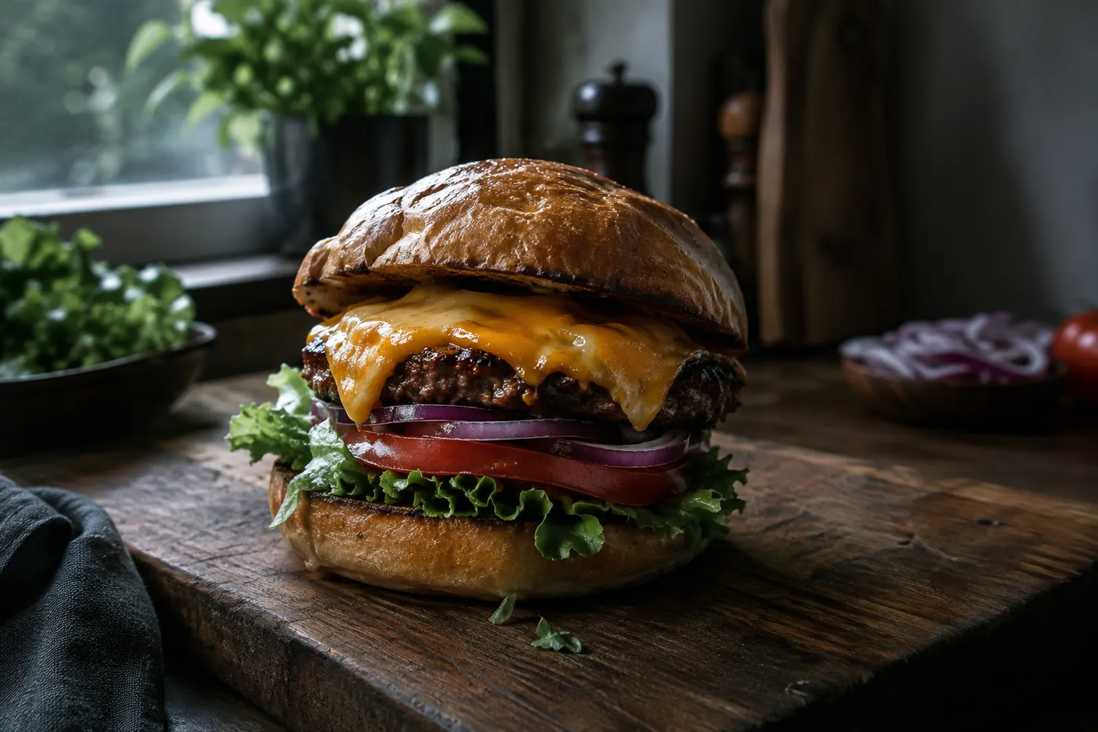 Cheeseburger mit geschmolzenem Cheddar, Salat, Tomate und roten Zwiebeln auf einem getoasteten Bun