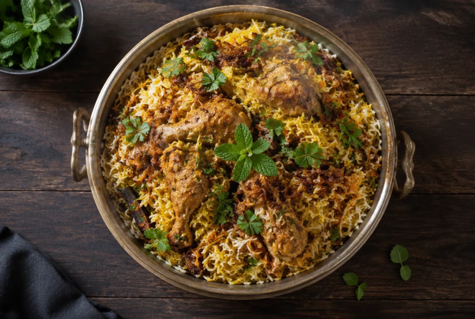 Chicken Biryani im Topf: safrangelber Basmatireis mit Pouletstücken, frittierten Zwiebeln und Koriander