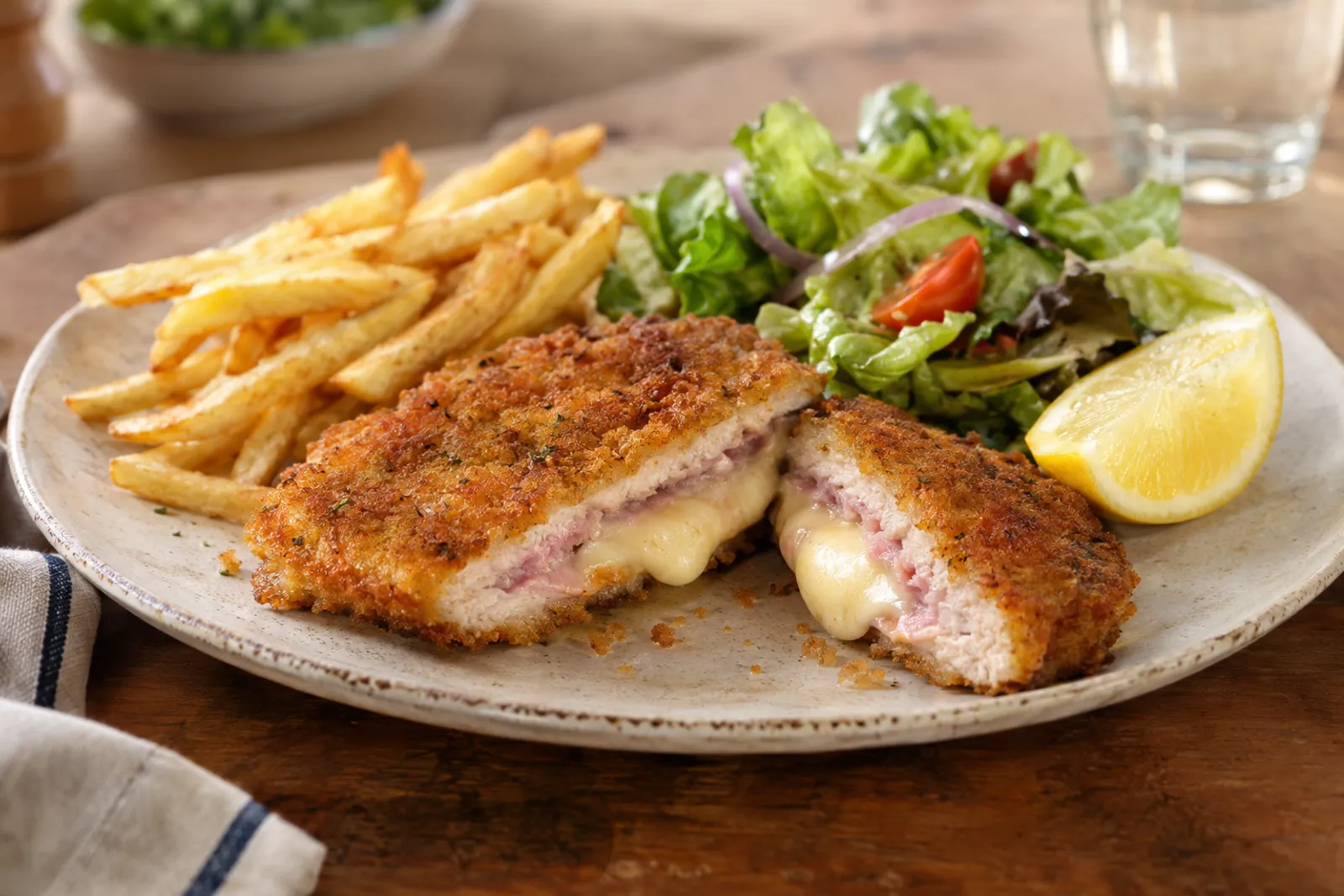 Knuspriges Cordon Bleu mit geschmolzenem Käse und Zitrone