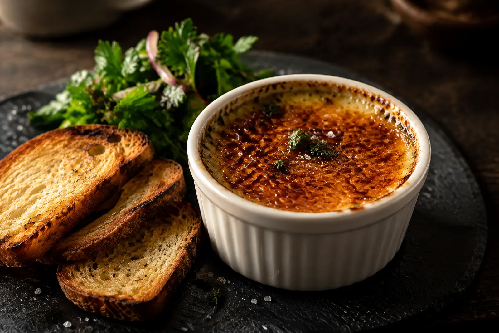 Knochenmark-Crème-brûlée mit knackiger Karamellkruste auf weissem Teller mit geröstetem Brot