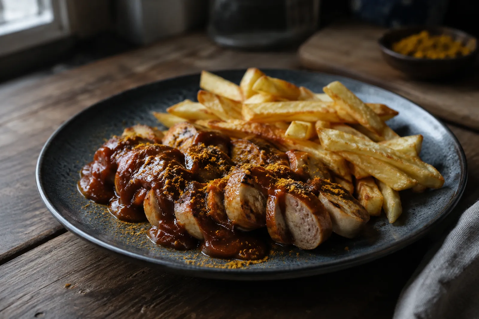 Currywurst in Scheiben mit dunkelroter Currysauce, Currypulver und Pommes frites