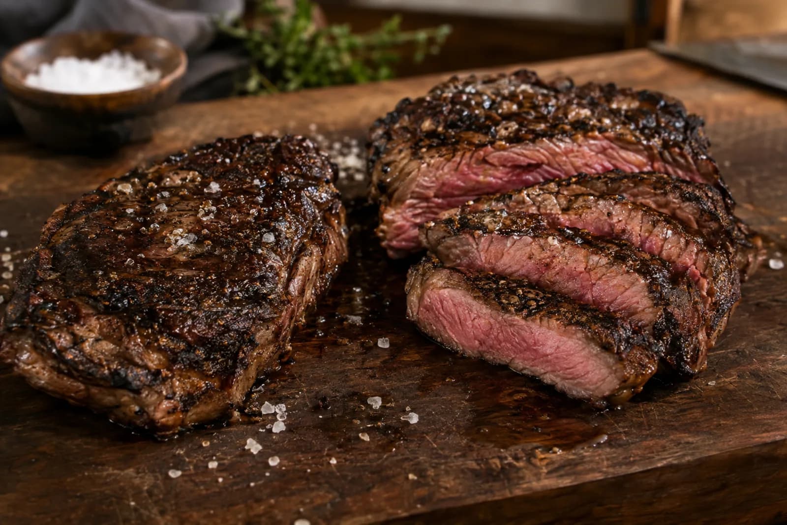 Marmoriertes Denver Steak mit dunkler Kruste und rosa Kern