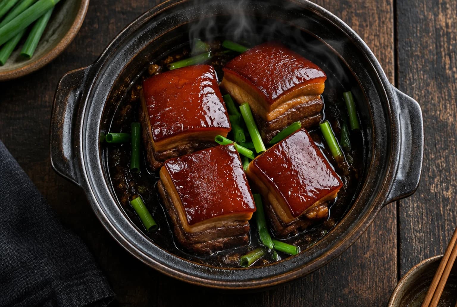 Dongpo-Schweinebauch: glänzende mahagonifarbene Bauchwürfel mit Haut im Schmortopf mit Frühlingszwiebeln