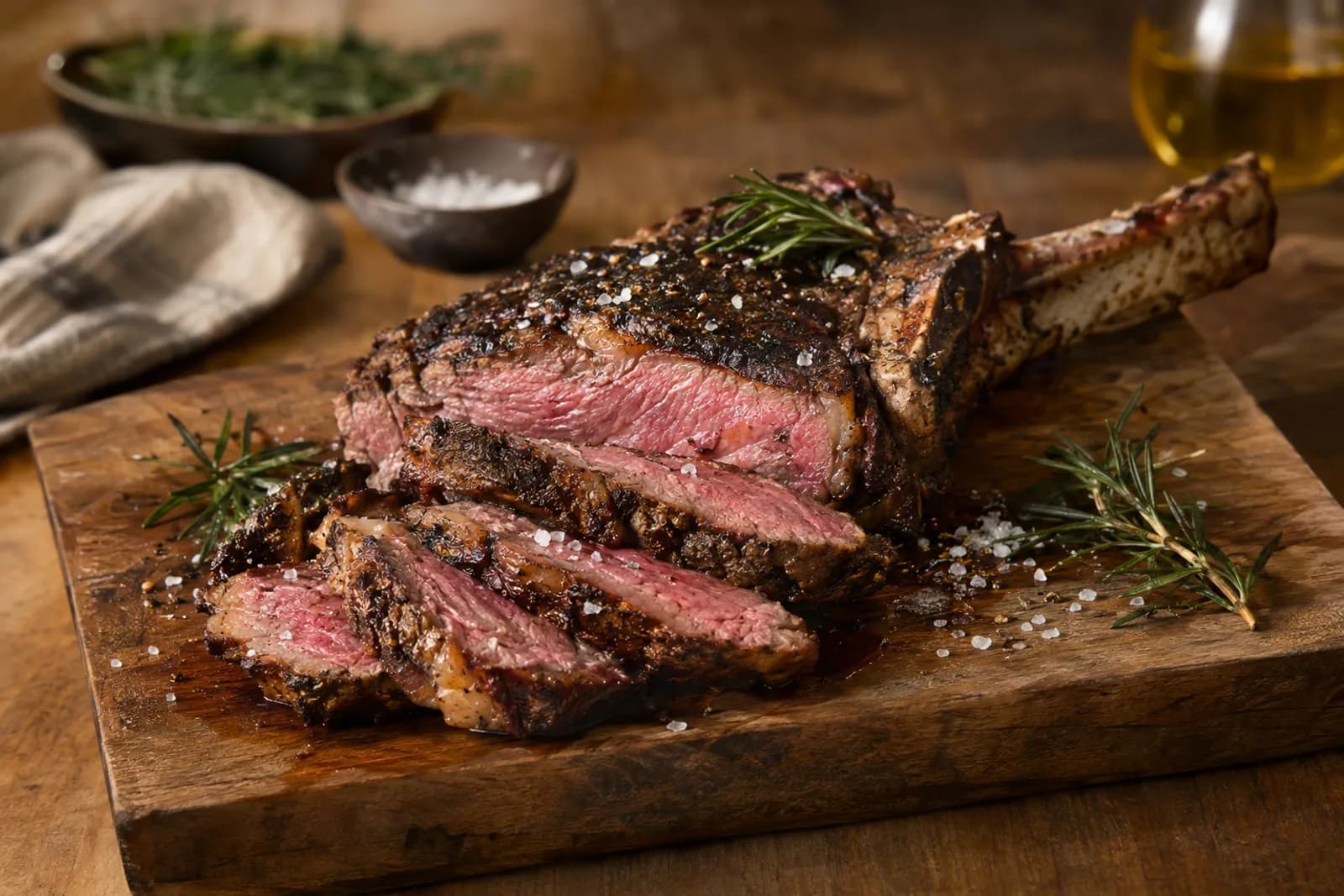 Dry Aged Rindssteak mit kräftiger Kruste auf einem Holzbrett