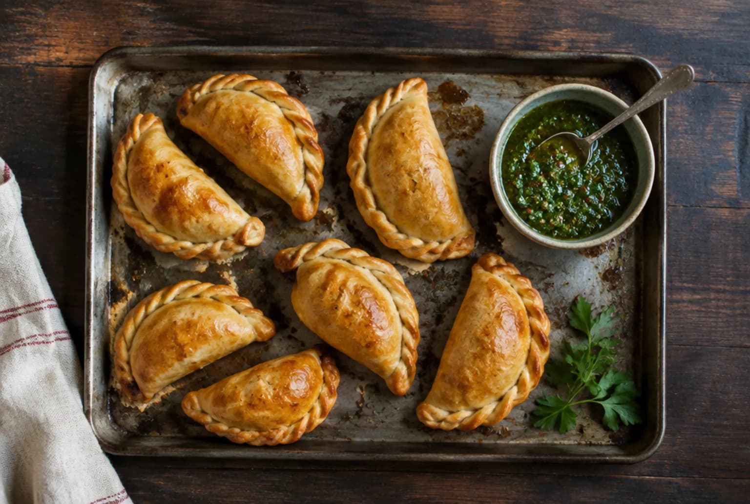 Gebackene Empanadas de Carne mit geflochtenem Rand auf einem Blech, dazu Chimichurri