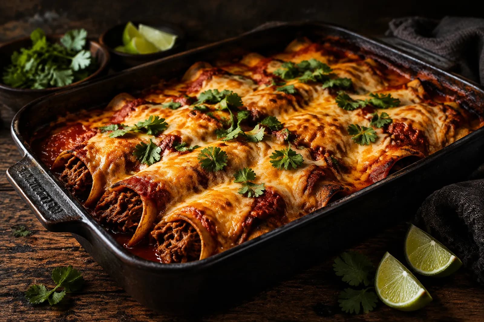 Überbackene Enchiladas mit gezupftem Lamm und Koriander