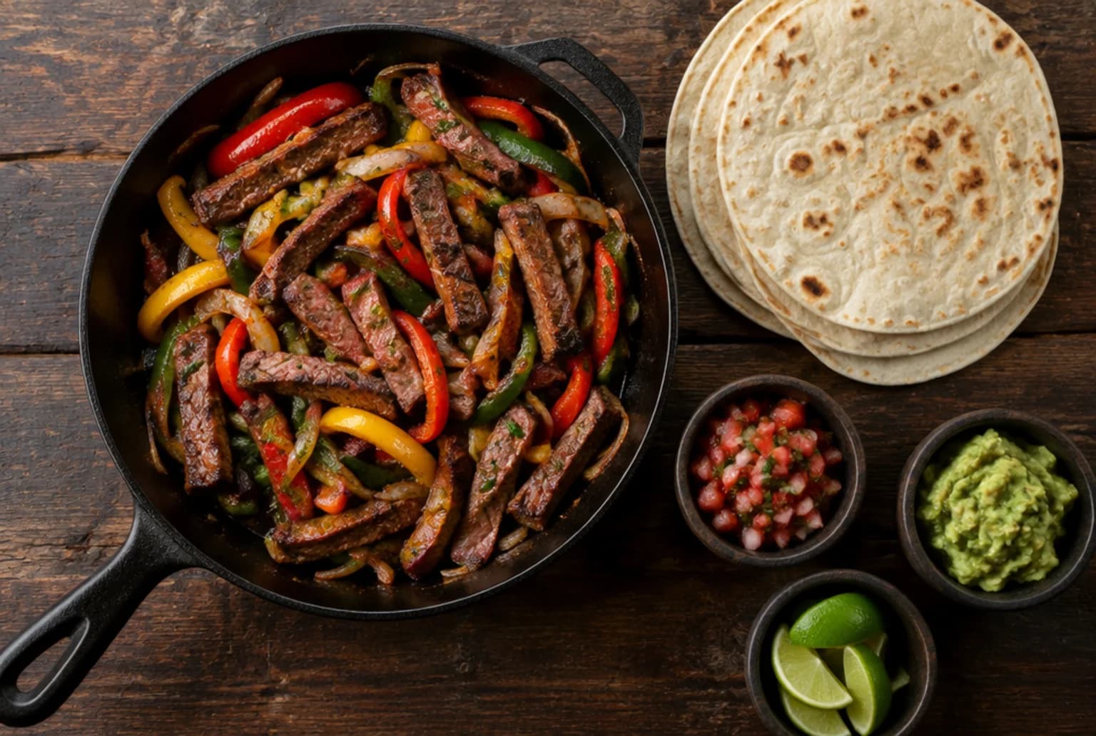 Fajitas: Rindstreifen mit Peperoni im heissen Pfännchen