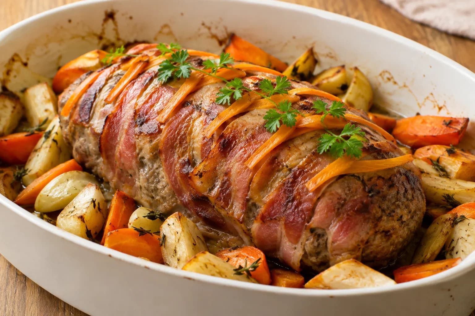 Falscher Hase: Hackbraten im Speckmantel mit Karottenstreifen und Gemüse