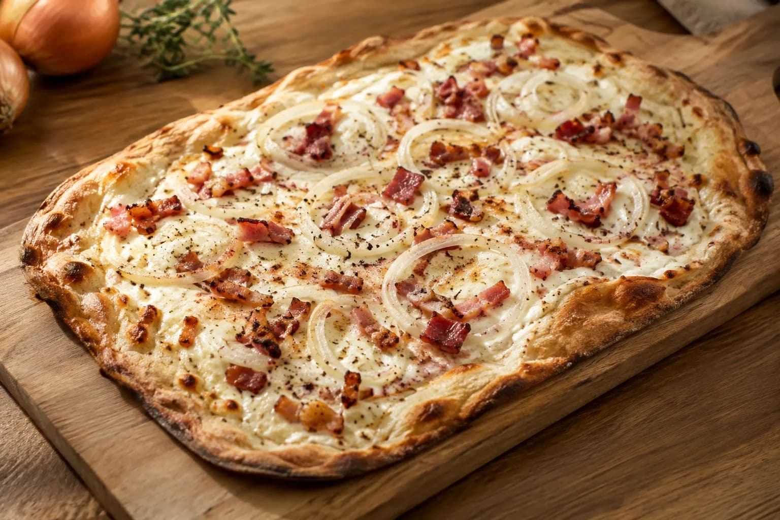 Flammkuchen Rezept: knuspriger Elsässer Klassiker mit Speck und Zwiebeln