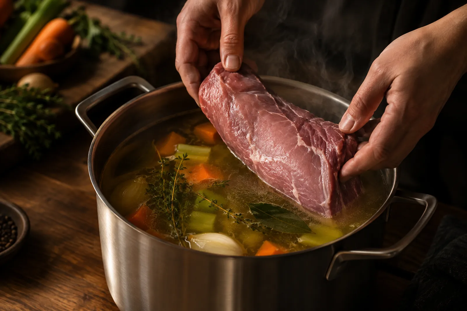 Kalbsfilet pochiert sanft in aromatischer Bouillon mit Kräutern und Gemüse