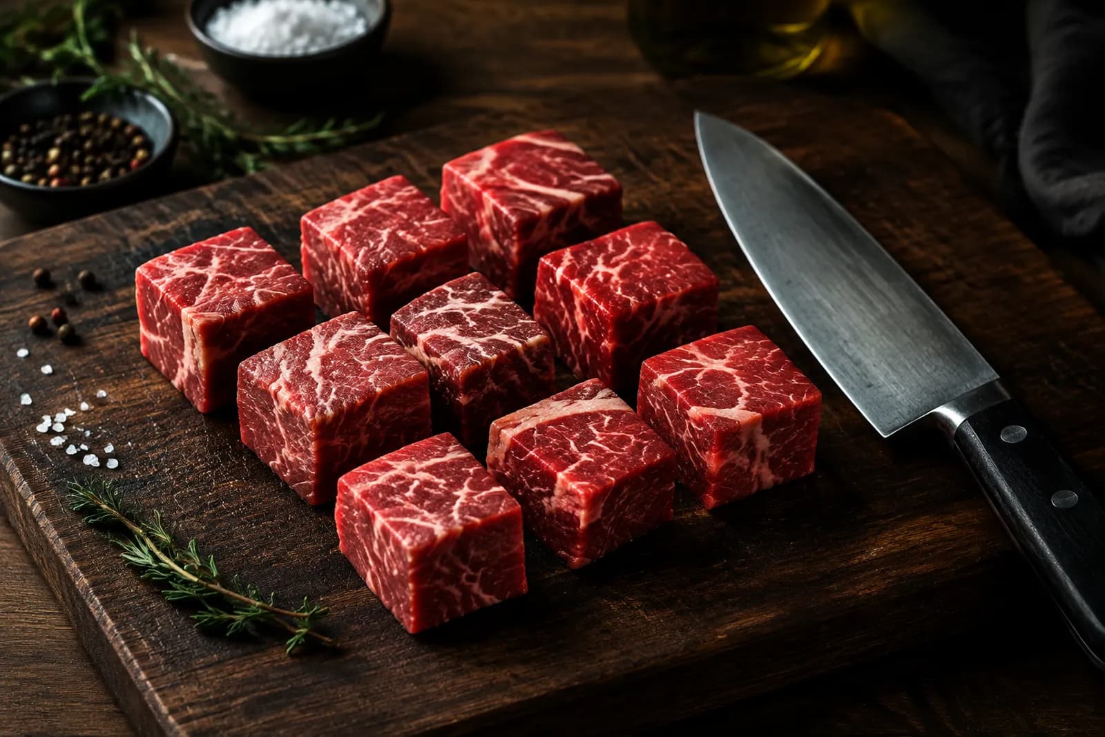 Fleisch würfeln und tranchieren