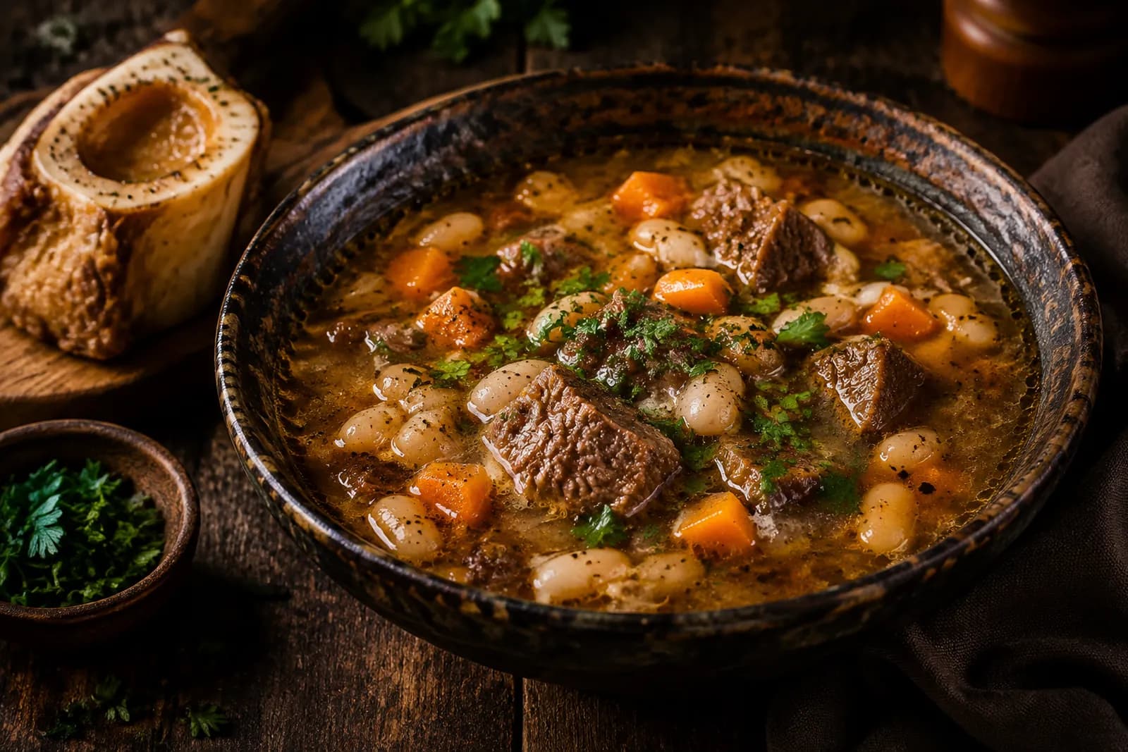 Kräftige Fleischsuppe mit weissen Bohnen, Gemüse und Stücken Markknochen in einem tiefen Teller