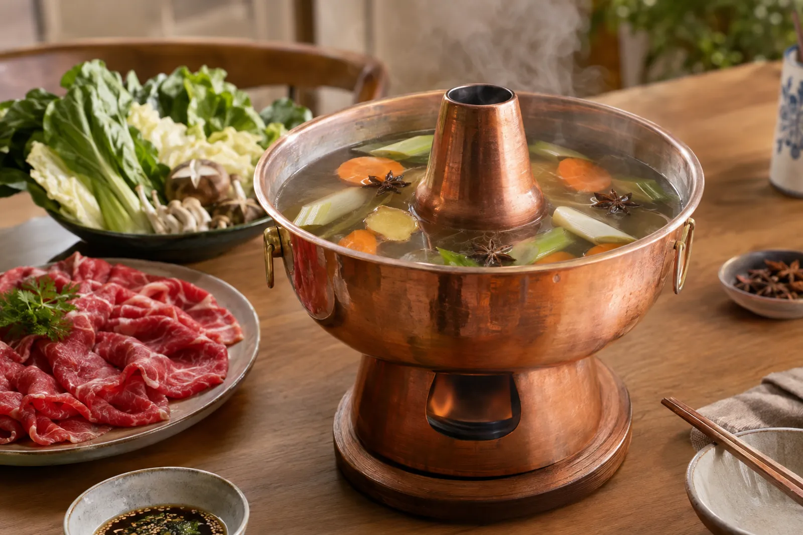 Klare Rindsbouillon mit Gemüse und Kräutern für Fondue Chinoise