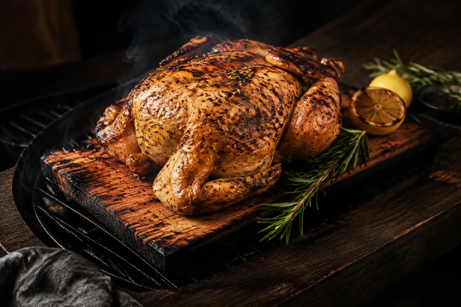 Ganzes Poulet vom Zedernholzbrett