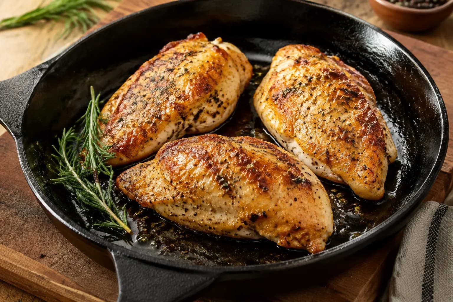 Goldbraun gebratene Pouletbrust in der Pfanne