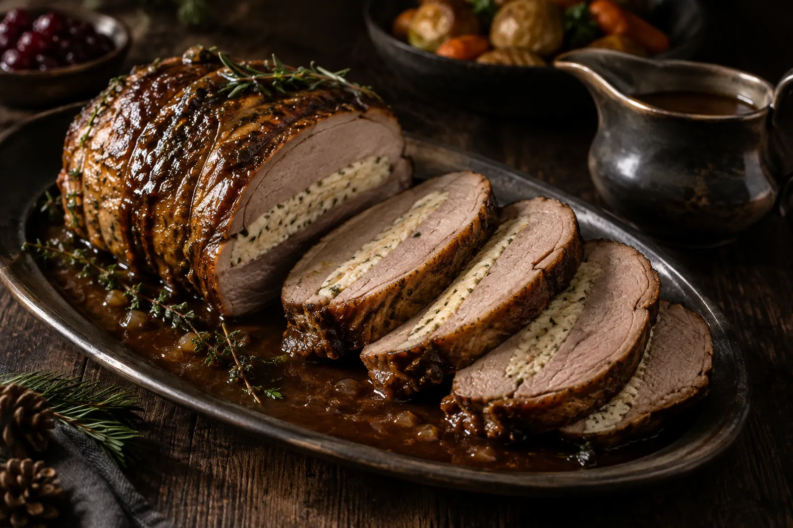 Aufgeschnittene gefüllte Kalbsbrust mit sichtbarer Brät-Füllung und Bratensauce