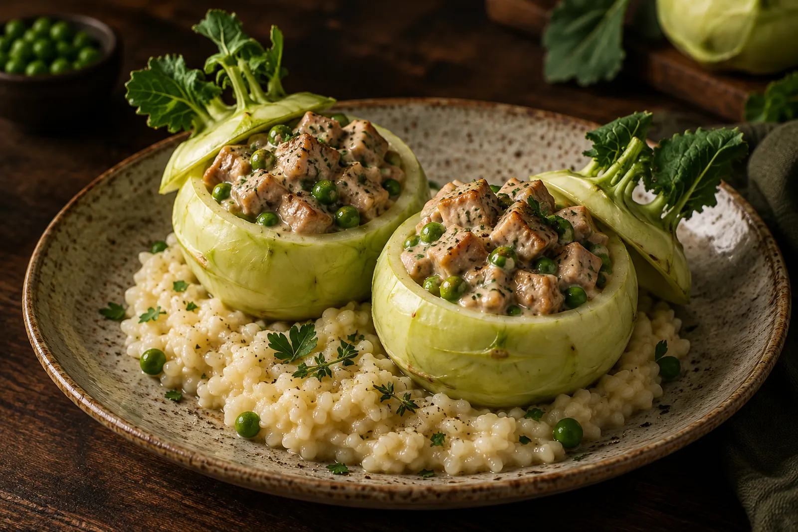 Gefüllte Kohlrabi-Töpfchen mit Schweinefleisch und Erbsen in Rahmsauce auf einem Teller