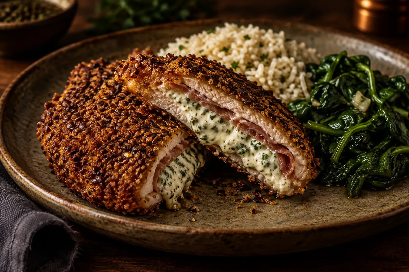 Angeschnittenes gefülltes Schweinsschnitzel mit laufendem Frischkäse im Leinsamenmantel
