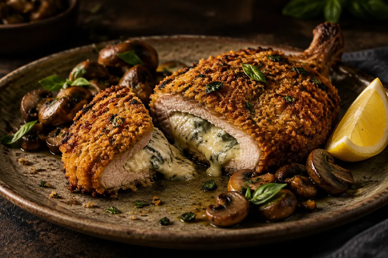 Paniertes Schweinskotelett mit austretendem Gorgonzola, angeschnitten auf einem Brett