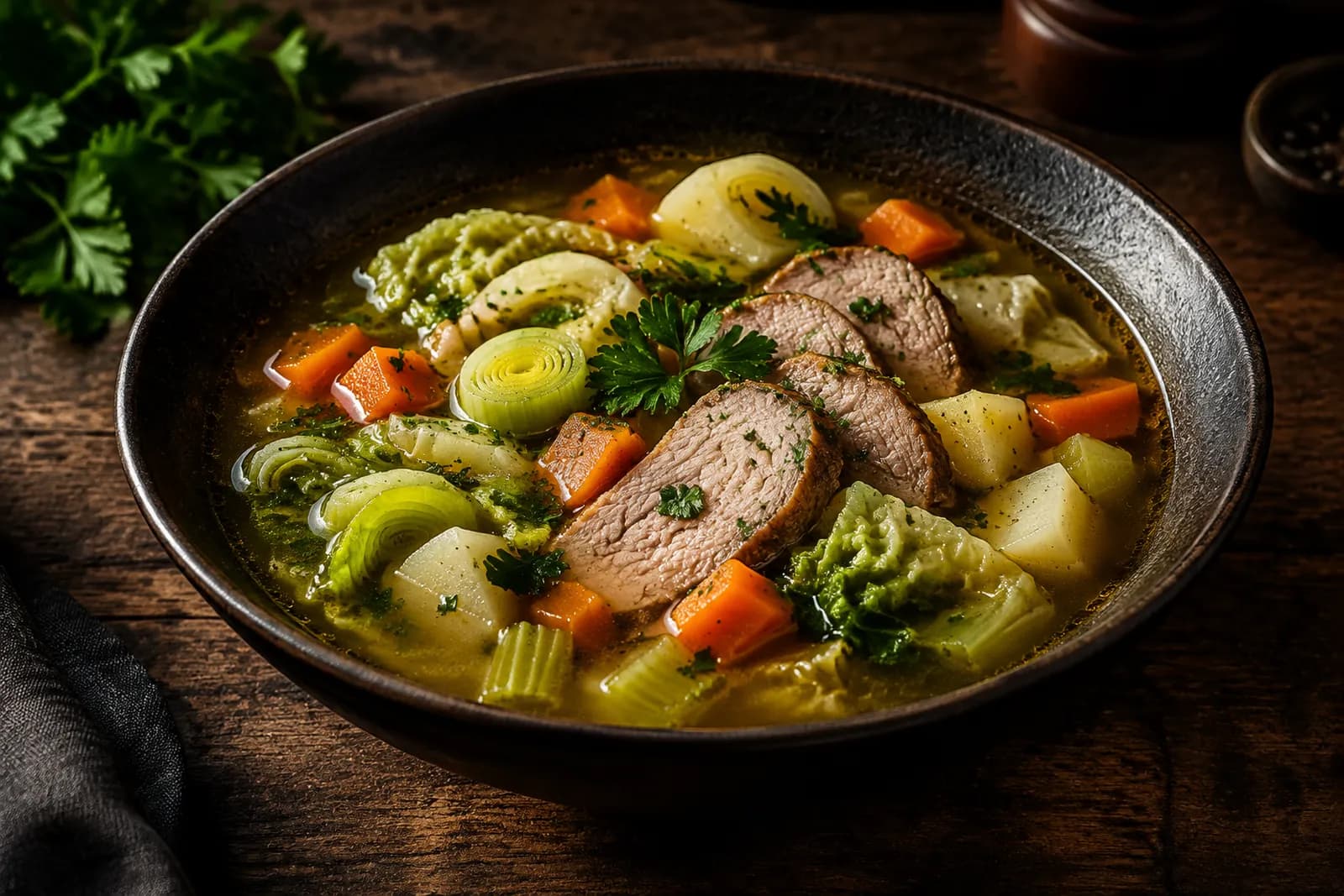 Geschichtete Gemüsesuppe mit Schweinsschulter