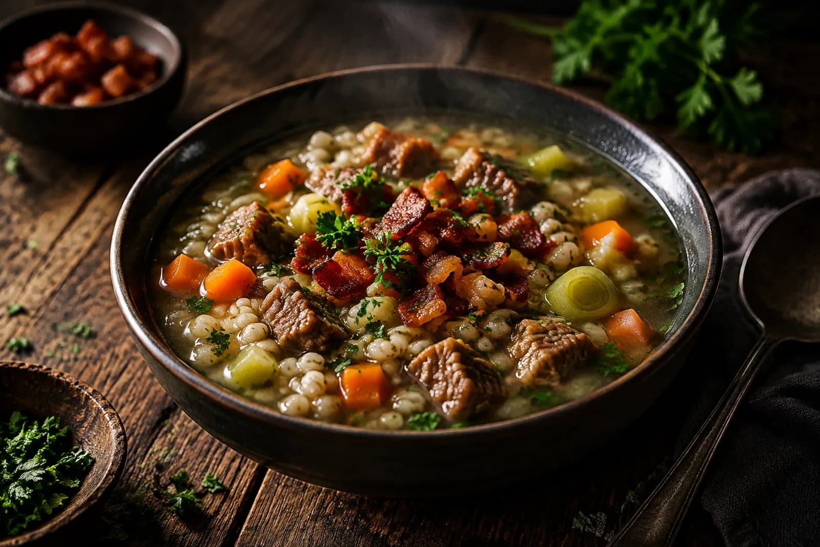 Gerstensuppe mit Siedfleisch und Speck