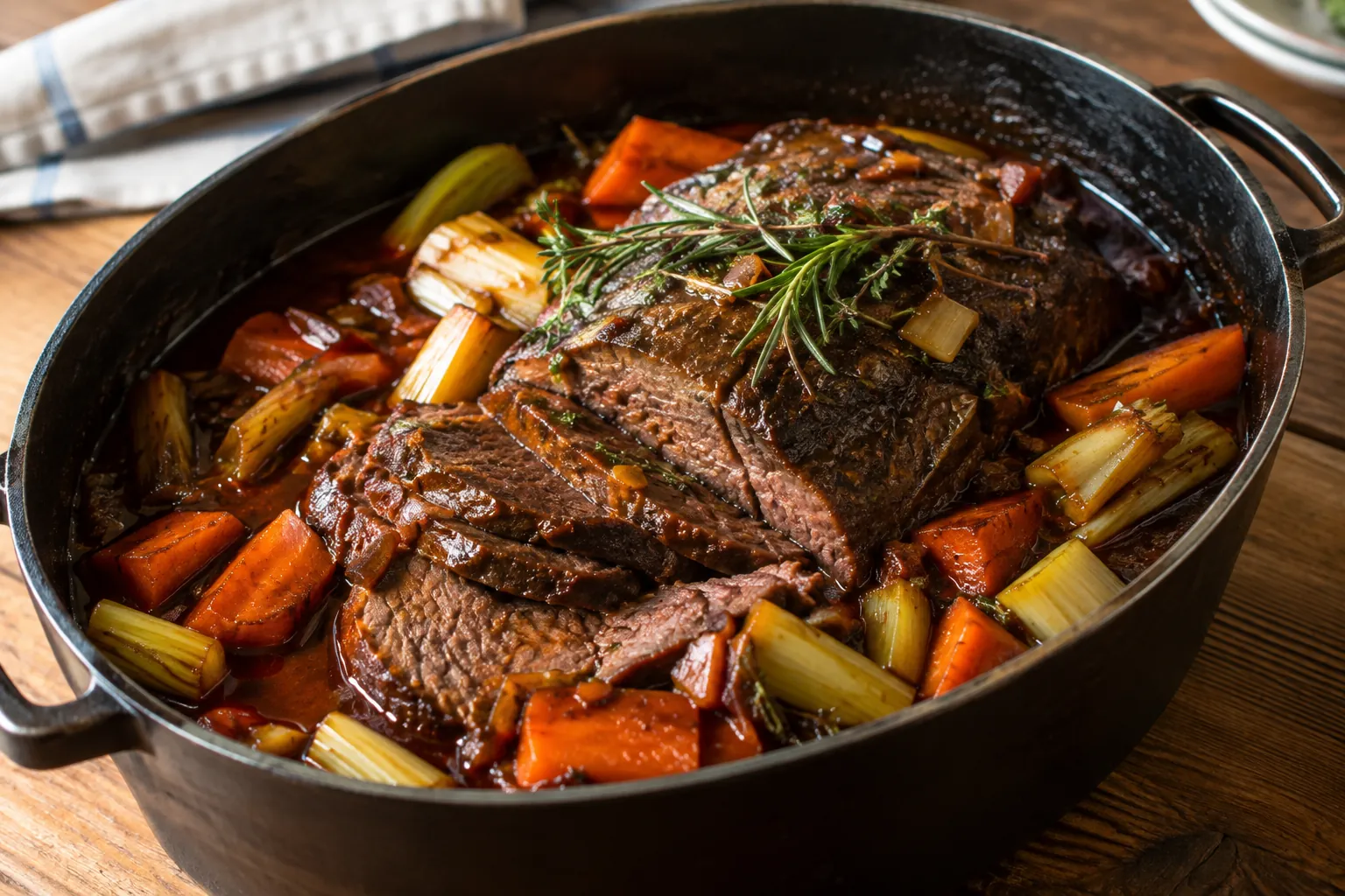 Geschmorter Rinderbraten in sämiger Rotweinsauce mit Schmorgemüse