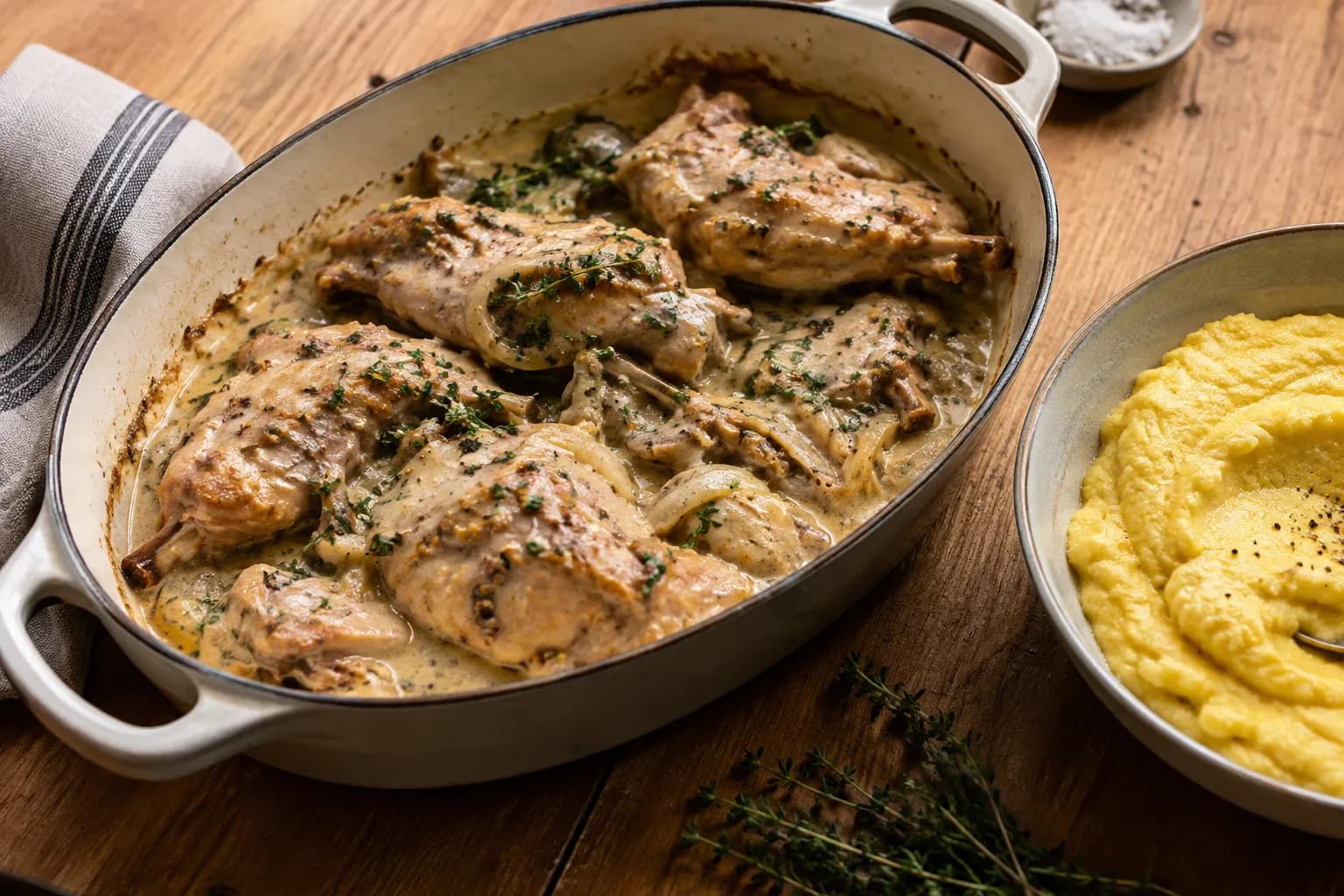 Geschmortes Kaninchen-Ragout an Bier-Senf-Sauce