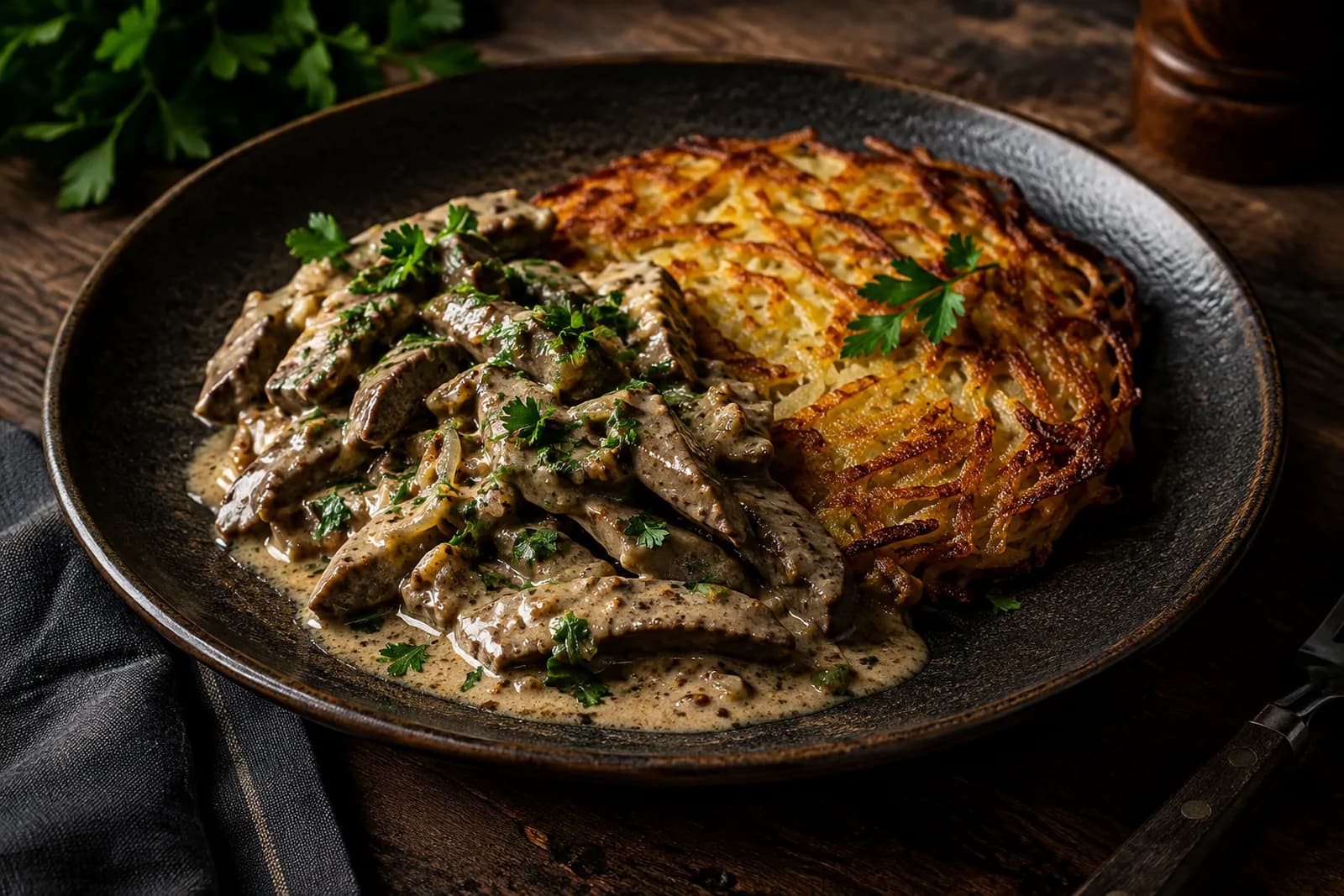 Geschnetzelte Schweinsleber an Senfsauce mit Rösti